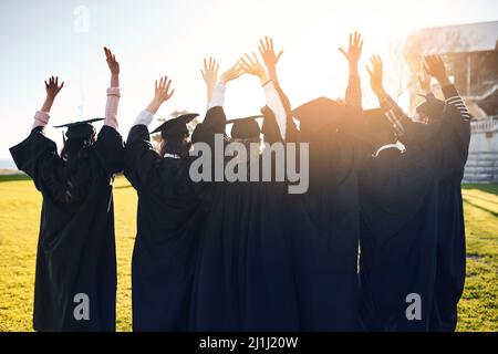 Wir feiern warme Erinnerungen und große Träume für die Zukunft. Rückansicht einer Gruppe von Studenten, die bei der Abschlussfeier in einer Linie mit erhobenen Armen standen Stockfoto