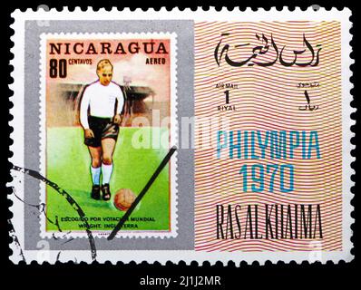 MOSKAU, RUSSLAND - 12. MÄRZ 2022: Briefmarke gedruckt in Ras al Khaimah zeigt Briefmarke aus Nicaragua, Internationale Briefmarkenausstellung PHILYMPIA -70 Lond Stockfoto