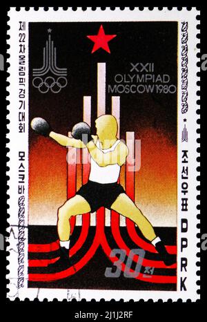 MOSKAU, RUSSLAND - 12. MÄRZ 2022: In Korea gedruckte Briefmarke zeigt Boxing, Olympische Sommerspiele 1980 - Moskau (II) Serie, um 1979 Stockfoto
