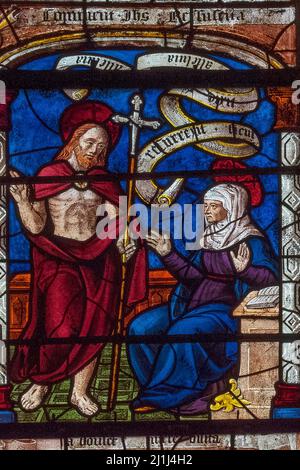 Auferstanden von den Toten ... nach seiner Auferstehung erscheint Jesus seiner Mutter, der Jungfrau Maria: Detail eines farbenfrohen Glasfensters aus dem 16.. Jahrhundert aus der Renaissance in der Dorfkirche in Ceffonds, in der Champagne-Region im Nordosten Frankreichs, das von Glasmachern im nahe gelegenen Troyes angefertigt wurde. Stockfoto