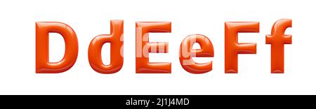 3D Alphabet, rote Plastikbuchstaben DEF Groß- und Kleinbuchstaben, 3D Rendering Stockfoto