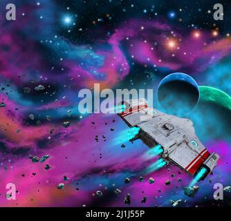 Raumschiff, das zu einem außerirdischen Planetensystem innerhalb eines Nebels fliegt, 3D Rendering Stockfoto