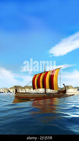 Altes griechisches Schiff im Meer nahe einer Insel, 3D Illustration, Fantasie und historische Landschaft, Stockfoto