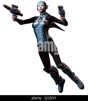 Futuristische Frau im Sprung, fliegen mit einem Jetpack, bewaffnet mit Gewehren, 3D Illustration Stockfoto