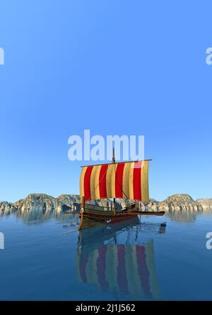 Altes griechisches Schiff im Meer nahe einer Insel, 3D Illustration, Fantasie und historische Landschaft, Stockfoto