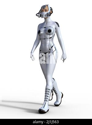 Robot Woman Walking, 3D Abbildung auf weißem Hintergrund Stockfoto