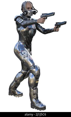 3D Rendering eines futuristischen Soldaten mit Gewehren bewaffnet Stockfoto