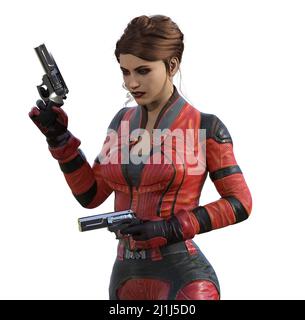 Futuristisches Kriegermädchen mit Gewehr in roter Uniform, 3D Rendering auf weißem Hintergrund Stockfoto