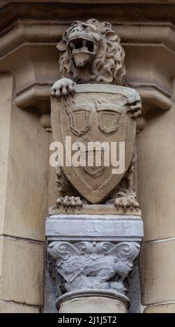 Eine vertikale Aufnahme einer Steinstatue eines königlichen Löwen, der den Wappentier in Gent, Belgien, hält Stockfoto