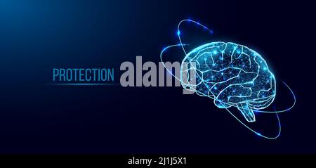 Menschliches Gehirn. Drahtmodell mit geringer Poly-Optik. Konzept für Medizin, Hirntumor, neuronales Netz. Abstrakte moderne 3D Vektor-Illustration auf dunkelblauem Hintergro Stock Vektor