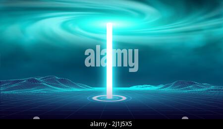 Drahtmodell im Retro-Stil. Futuristisches blaues Neonlicht-Portal. Zauberhaft glitzernde Sternenstaub-Beleuchtung. Blinkender Energiestrom. Hologrammstation. Stock Vektor