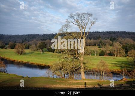 Der Fluss Derwent in der Abendsonne ruhig, Peak District, Derbyshire, Großbritannien Stockfoto