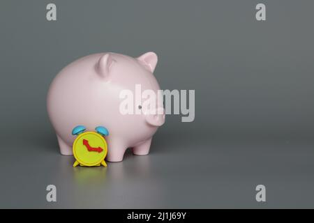 Sparschwein und Wecker auf grauem Hintergrund mit Kopierplatz. Investieren, Inflation, Sparkonzept. Stockfoto