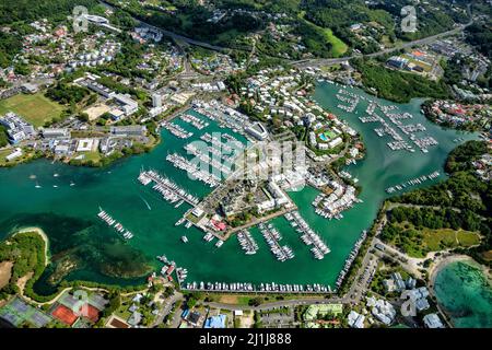 Luftaufnahme von Marina Bas-du-Fort, Pointe-à-Pitre, Grande-Terre, Guadeloupe, Kleinen Antillen, Karibik. Stockfoto