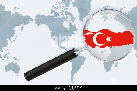 Vergrößerte Karte der Türkei auf der Amerika-zentrierten Weltkarte. Vergrößerte Landkarte und Flagge der Türkei. Vektorvorlage. Stock Vektor