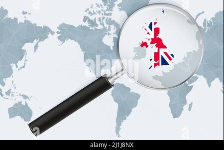 Vergrößerte Karte von Großbritannien auf der Amerika-zentrierten Weltkarte. Vergrößerte Karte und Flagge von Großbritannien. Vektorvorlage. Stock Vektor