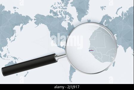 Vergrößerte Karte von Gambia auf der Amerika-zentrierten Weltkarte. Vergrößerte Karte und Flagge von Gambia. Vektorvorlage. Stock Vektor