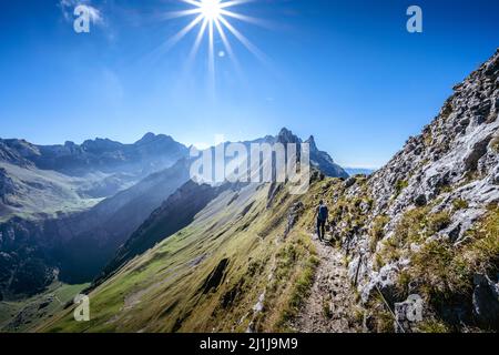 Frau beim Wandern auf dem Schäfler Höhenweg Stockfoto