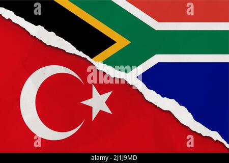 Südafrika und die Türkei Flagge zerrissene Papier grunge Hintergrund. Abstract Südafrika und die Türkei Wirtschaft, politische Konflikte, Kriegskonzept Textur backg Stockfoto