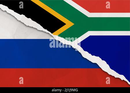 Südafrika und Russland Flagge gerissen Papier Grunge Hintergrund. Abstract Südafrika und Russland Wirtschaft, Politik Konflikte, Krieg Konzept Textur backg Stockfoto