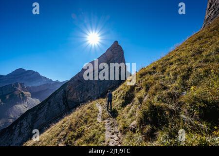 Frau beim Wandern auf dem Schäfler Höhenweg Stockfoto