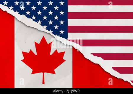 USA und Kanada Flagge gerissen Papier Grunge Hintergrund. Abstract Wirtschaft der Vereinigten Staaten und Kanadas, politische Konflikte, Kriegskonzept Stockfoto