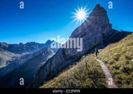 Frau beim Wandern auf dem Schäfler Höhenweg Stockfoto