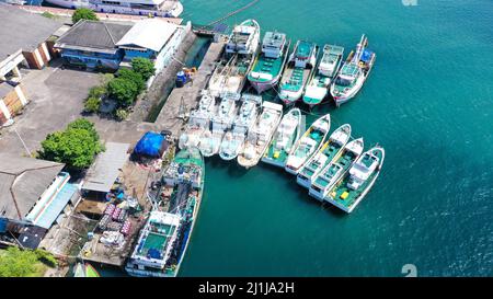 Hafen Benoa, Bali, Indonesien - Februar 26, 2019: Nahaufnahme von Pertmina Tankstelle auf Tanyung Benoa Halbinsel mit roten Dächern und baum laub Stockfoto