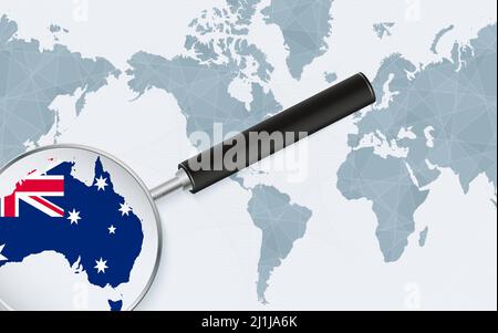 Vergrößerte Karte von Australien auf der Amerika-zentrierten Weltkarte. Vergrößerte Karte und Flagge von Australien. Vektorvorlage. Stock Vektor