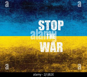 Meldungstext Stoppen Sie den Krieg in der Ukraine. Banner mit grunge Textur Hintergrund mit ukrainischen gelb und blau Flagge Farben. Kopieren Sie die Raumvorlage und concep Stockfoto