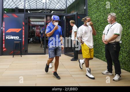 Dschidda, Saudi-Arabien. 26. März 2022. ALONSO Fernando (Spa), Alpine F1 Team A522, HAMILTON Lewis (gbr), Mercedes AMG F1 Team W13, Portrait Verlassen des Treffens zur aktuellen Situation in Jeddah nach dem Angriff auf eine aramco-Fabrik in der Nähe der Rennstrecke während des Formel 1 STC Saudi Arabian Grand Prix 2022, 2. Runde der FIA Formel-1-Weltmeisterschaft 2022 auf dem Jeddah Corniche Circuit vom 25. Bis 27. März 2022 in Jeddah, Saudi-Arabien - Foto: Antonin Vincent/DPPI/LiveMedia Kredit: Unabhängige Fotoagentur/Alamy Live News Stockfoto