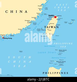 Taiwan-Gebiet, politische Landkarte mit der Hauptstadt Taipei. Freie Fläche der Republik China (ROC). Provinzen und Inseln Gruppen von Taiwan. Stockfoto