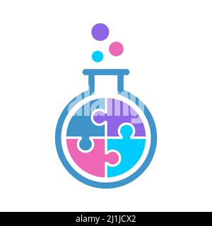 Laborflasche in Form eines Puzzles. Biotechnologie und Pharmaindustrie. Puzzle Lab Konzept. Farbige Logovorlage für Reagenzglas. STEM-Idee. Vektor Stock Vektor