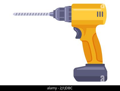 Akku-Bohrer gelb für die Herstellung von Löchern. Bauwerkzeug. Flache Vektorgrafik. Stock Vektor