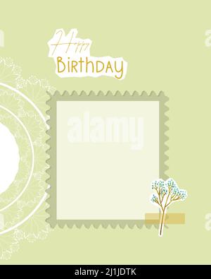 Happy Birthday Collage grüne Postkarte Vintage-Stil, Spitze Deckchen, Scrapbooking, für Glückwünsche, Platz zum Einfügen. Vektorgrafik Stock Vektor
