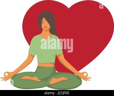 Frau in Yogapose und rotem Herz Stock Vektor