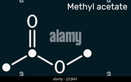 Methylacetat, Methylethanoat-Molekül. Es ist Acetatester, Lösungsmittel. Strukturelle chemische Formel auf dem dunkelblauen Hintergrund. Abbildung Stockfoto