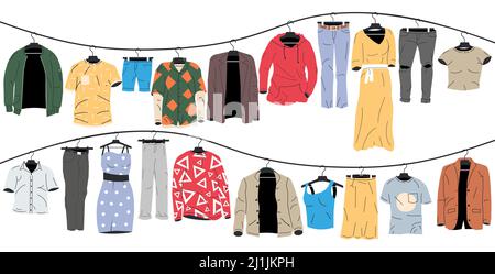 Herren- und Damenbekleidung am Kleiderbügel. Stock Vektor