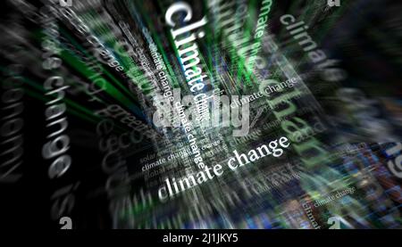 Schlagzeilen in internationalen Medien über die globale Erwärmung des Klimawandels und Umweltkatastrophen. Abstraktes Konzept von Nachrichtentiteln auf Noise Displ Stockfoto
