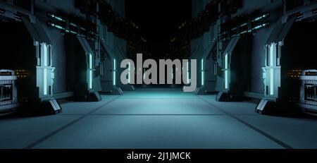 Metallisch Oder Beton Cyberpunk Space Hintergrund Alien Tunnel Ship Corridor Underground Laser Awesome Dark Blue Farben Abstrakt Hintergrund Surreal Futu Stockfoto