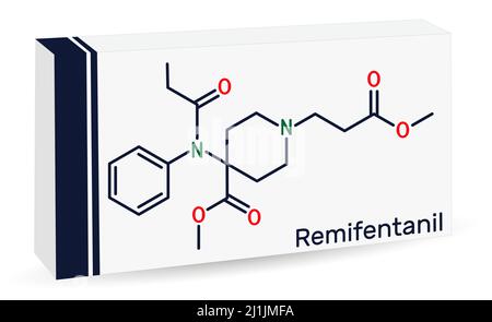 Remifentanil-Molekül. Es ist ein Opioid-Analgetikum, das in der Anästhesie verwendet wird. Chemische Formel des Skeletts. Papierverpackungen für Medikamente. Vektorgrafik Stock Vektor