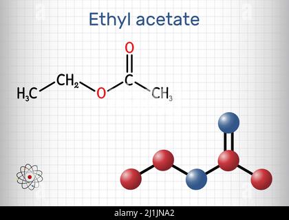 Ethylacetat, Ethylethanat, C4H8O2-Molekül. Es ist Acetatester, der zwischen Essigsäure und Ethanol gebildet wird. Strukturelle chemische Formel, Molekül mod Stock Vektor