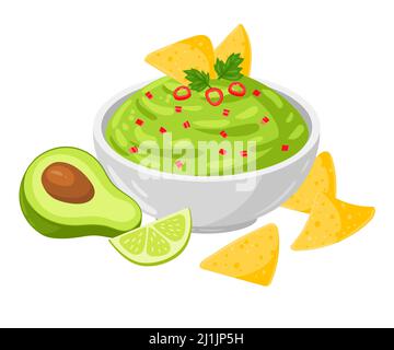 Cartoon Guacamole mit Gemüse, Vektor-Illustration, mexikanische traditionelle Lebensmittel. Isoliert auf weißem Hintergrund. Stock Vektor