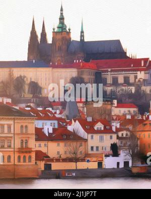 Digital gemalte berühmten Ort in Prag, Tschechische Republik. Alte europäische Architektur. Beliebter touristischer Ort für einen Besuch. Pastell auf Leinwand Zeichnung Stockfoto