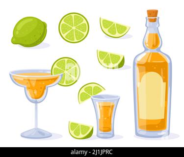 Tequila Flasche, Schuss, Glas mit Tequila und Limette. Mexikanisches traditionelles alkoholisches Getränk. Vektorgrafik im Cartoon-Stil. Kalk ganz, in Scheiben schneiden, schneiden. Stock Vektor