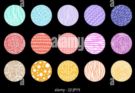 Set von runden abstrakten Formen, Hintergründen, Mustern, Symbolen für soziale Netzwerke. Gezeichnete Doodle-Formen, Kurven, Linien, Punkte, Tropfen. Modischer, moderner Trend. Vektorgrafik Stock Vektor