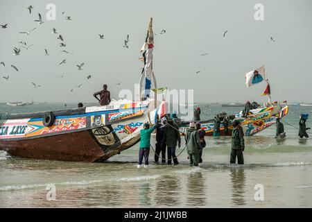 Fischer, die mit ihren farbenfrohen Booten mit frisch gefangenem Fisch, Nouakchott, Mauretanien, auf den Fischmarkt kommen Stockfoto