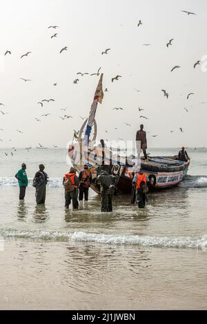 Fischer, die mit ihren farbenfrohen Booten mit frisch gefangenem Fisch, Nouakchott, Mauretanien, auf den Fischmarkt kommen Stockfoto