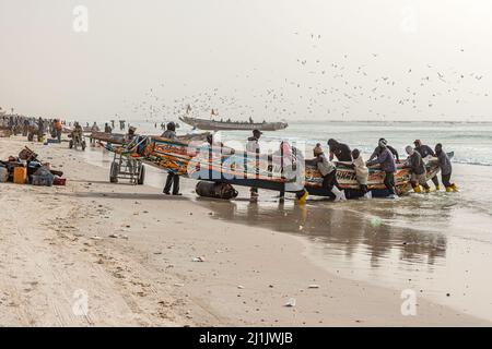 Fischer, die mit ihren farbenfrohen Booten mit frisch gefangenem Fisch, Nouakchott, Mauretanien, auf den Fischmarkt kommen Stockfoto