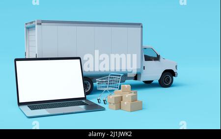 Laptop-Computer, Einkaufswagen und Kartons mit Lieferwagen. Online Business Logistics Konzept. Globale Business-Connection-Technologie. Ecomer Stockfoto